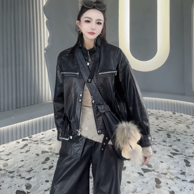 欧港妮短款真皮皮衣外套