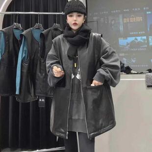 马甲坎肩背心宽松潮 绵羊皮夹棉无袖 2024秋冬新款 真皮皮衣女中长款