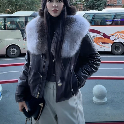 欧港妮短款真皮羽绒服外套