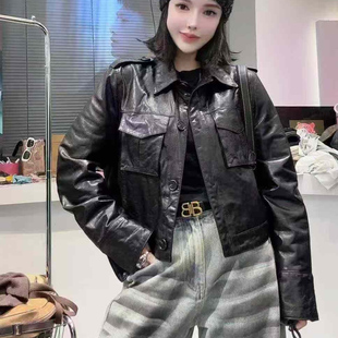 欧货秋季新款真皮皮衣女短款方领口袋牛皮油蜡皮夹克外套休闲上衣