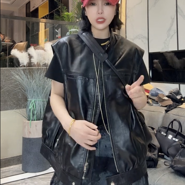 欧港妮2025春季新款真皮马甲女中长款圆领绵羊皮无袖背心马夹外套