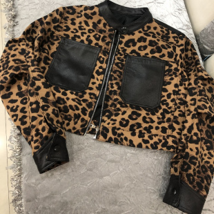 立领拉链豹纹拼接绵羊皮外套潮 真皮皮衣女短款 欧港妮2025春季 新款