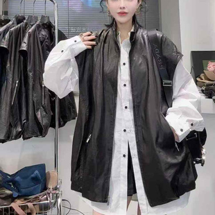 欧货秋季新真皮皮衣女中长款立领绵羊皮无袖坎肩背心马甲宽松马夹