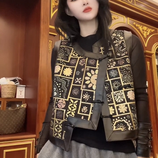 圆领绵羊皮拼刺绣国风中式 真皮皮衣女短款 马甲外穿潮 新款 2025冬季