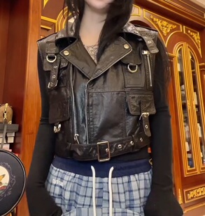 牛皮油蜡皮翻领马甲无袖 真皮皮衣女短款 机车马夹拉链 新款 2026春季