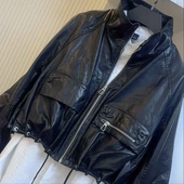 立领牛皮油蜡皮口袋夹克外套飞行服潮 真皮皮衣女短款 2026春季 新款