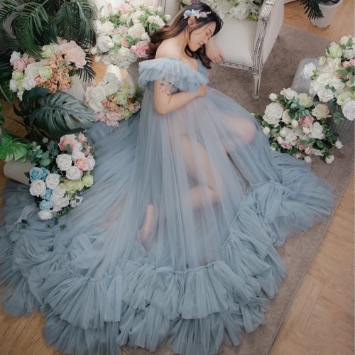 欧美亚马逊定制孕妇摄影开叉连衣裙影楼写真大肚照拖地性感长裙女