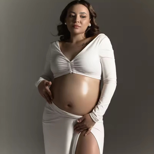 速卖通新款孕妈咪艺术照写真露肚子两件套影楼性感开衫包身半身裙