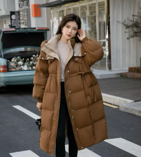 中长款90白鸭绒拼色连帽茧型羽绒服