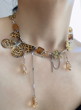 真蝴蝶甜酷辣妹流苏项链美拉德原创设计女气质串珠锁骨链叠戴小众