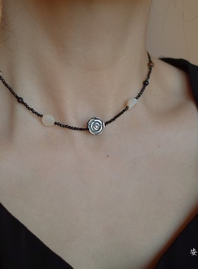 安妮花开 玫瑰黑色贝壳串珠小众项链百搭细链子叠戴