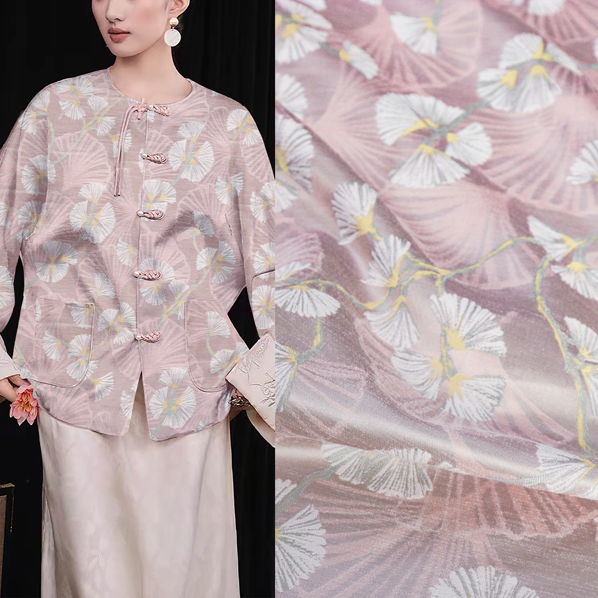 《SR020金秋银杏》雪尼尔丝绒童装拜年服布料金丝提花服装面料