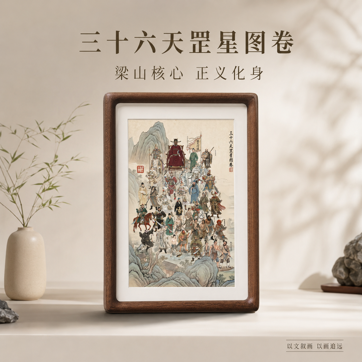 水浒传三十六天罡星工笔画新中式实木摆台国风书房茶室装饰画摆件