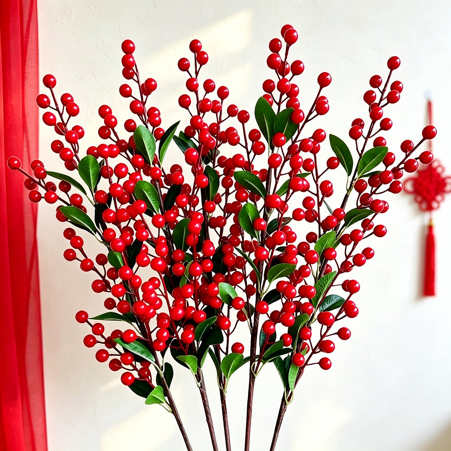 带叶发财果仿真花绿叶红果冬青插花客厅装饰摆件红浆果树枝花瓶
