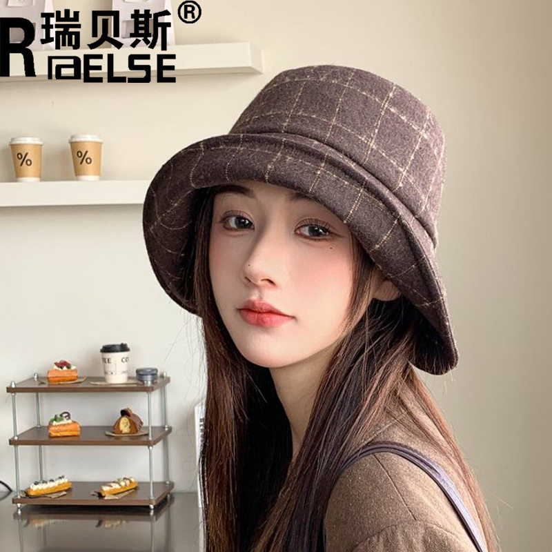 秋冬季女士格纹水桶帽时尚休闲户外旅游盆帽韩版蝴蝶结显脸小帽子