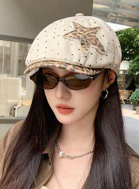 美式复古帽子女款秋冬百搭贝雷帽波点星星贴布前进帽ins风小软帽