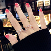 韩版 交叉镶钻蹦迪戒指女网红时尚 个性 潮人学生开口冷淡风食指戒子