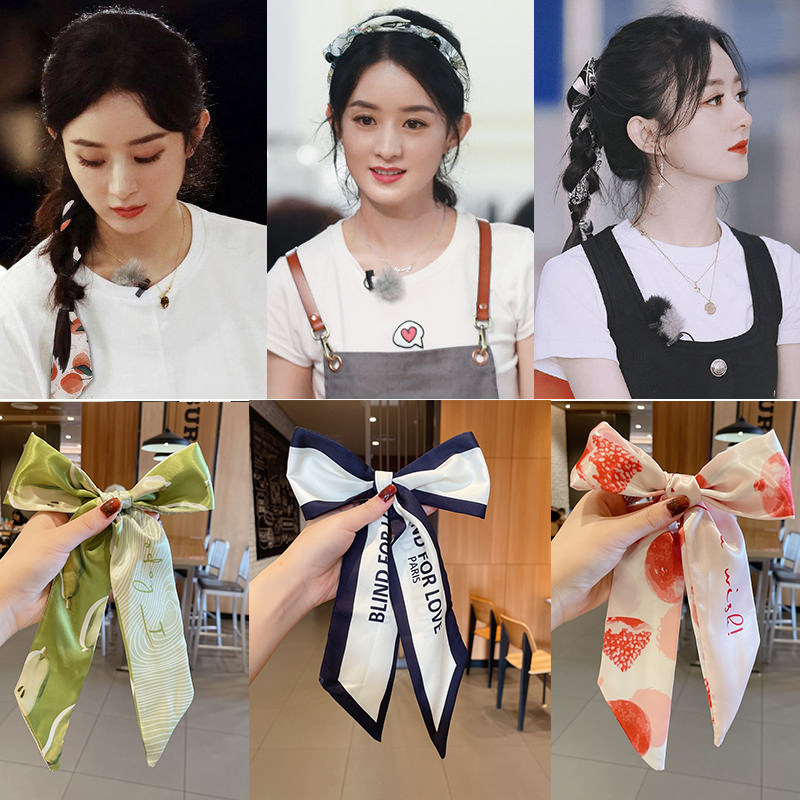 字母花丝巾发带百搭蝴蝶结扎马尾长丝带明星编发飘带超仙头饰发饰