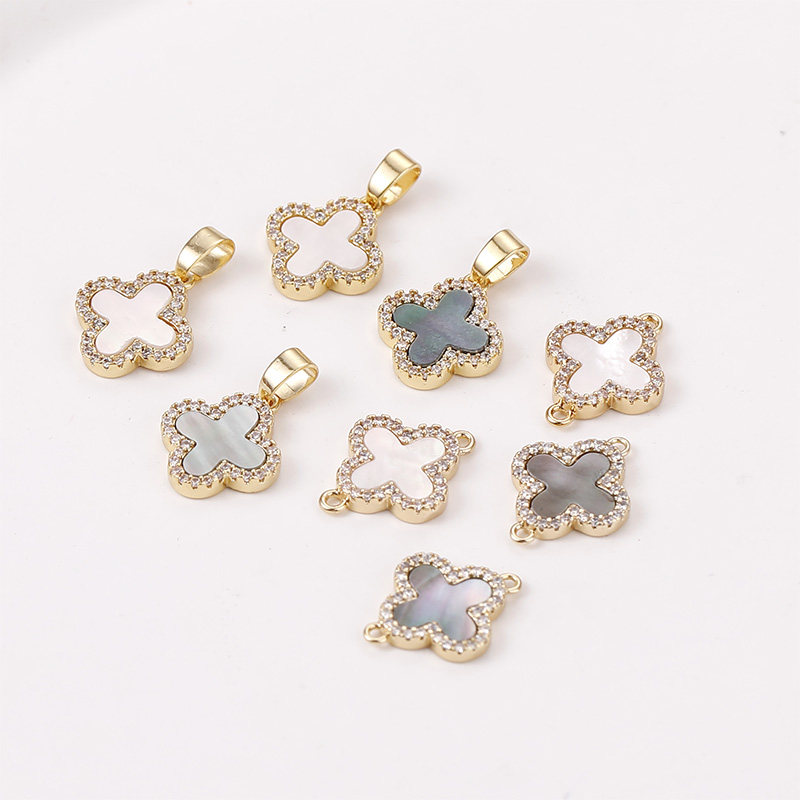 14k金色天然贝壳镶钻四叶花吊坠双吊挂坠diy手链项链耳饰品配件