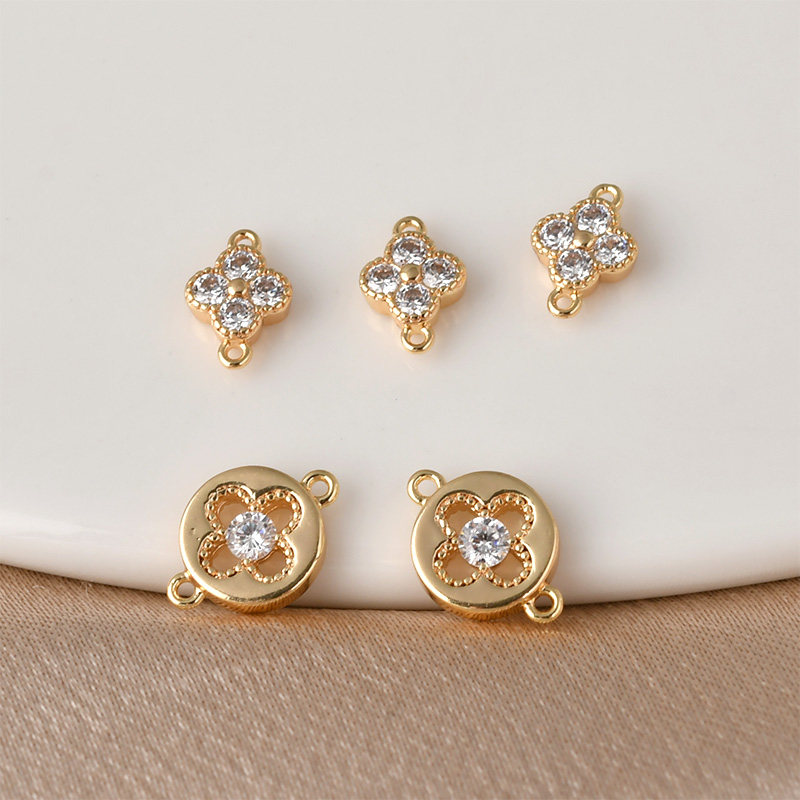 14k包金镂空锆石四叶花双吊挂坠diy项链手链耳饰品吊坠配件材料