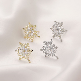 铜镀14k真金色保色冬季 雪花锆石耳针耳环带吊diy耳钉饰品配件材料