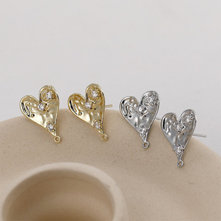 铜镀14K金保色不规则锆石爱心小众个性款耳钉diy耳环饰品配件材料
