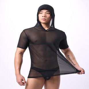 男连帽短袖青年网纱透气性感短袖圆领修身T桖B2504