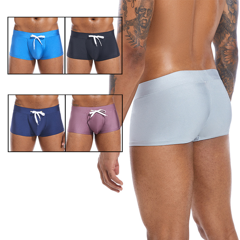 新款男士平角泳裤 温泉系绳 有光锦纶性感低腰U凸大囊袋