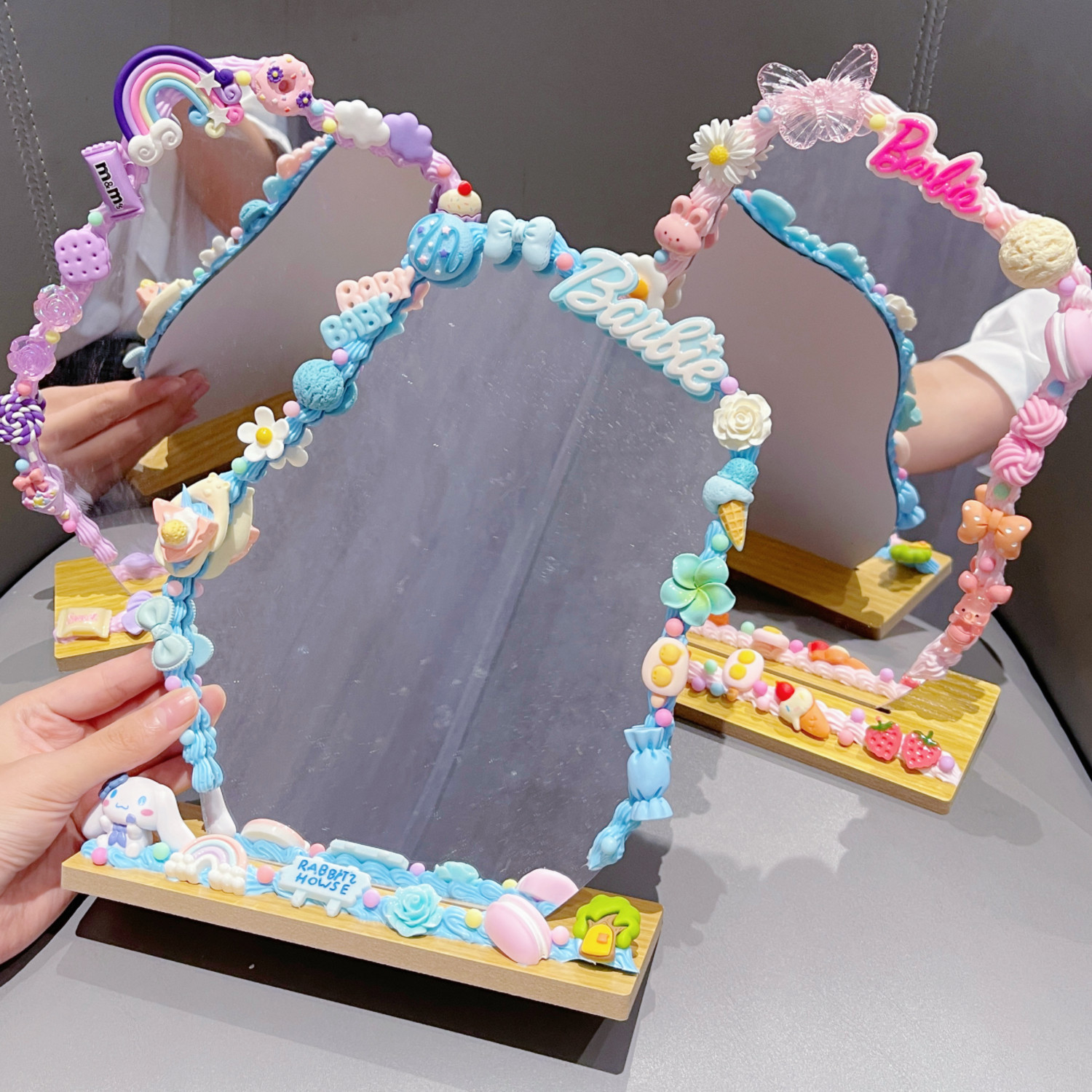 花云朵化妆镜手工diy制作奶油胶材料包镜子儿童礼物珍珠配件树脂