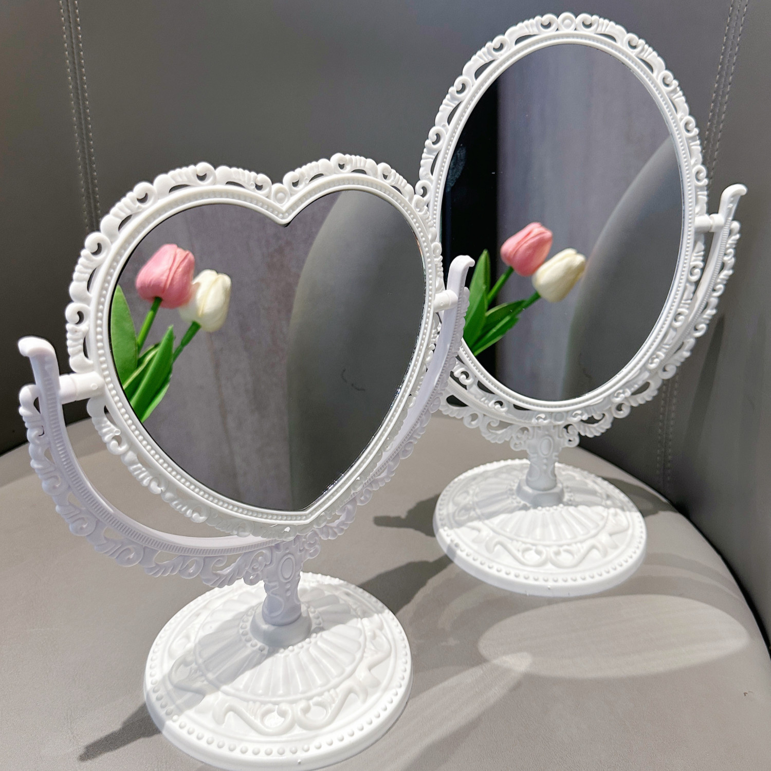 复古宫廷风爱心桌面台式双面化妆镜少女粉色心形旋转可爱公主镜子