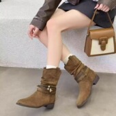 英伦秋冬大码 42百搭尖头堆堆靴西部牛仔靴 真皮短靴41 女靴40 43码