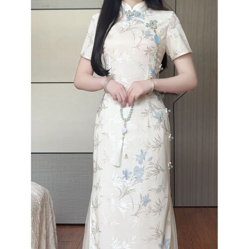 订婚气质旗袍新中式少女夏季日常印花连衣裙高端新款国风改良