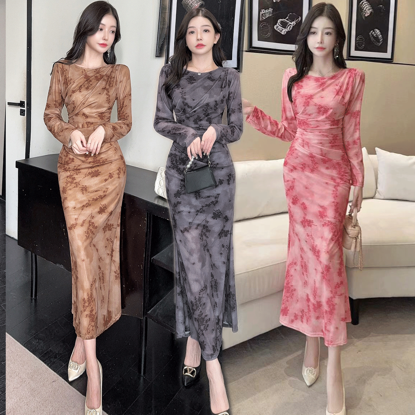 网纱印花修身连衣裙性感女装长裙