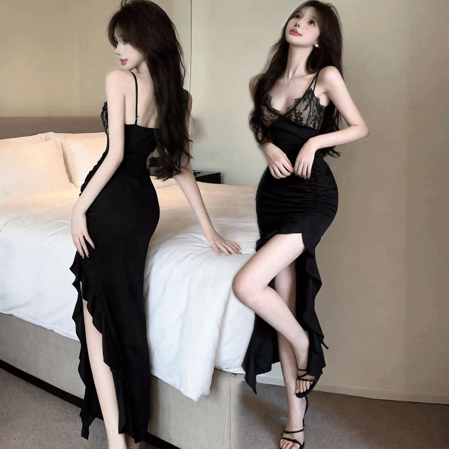 性感开叉黑色吊带裙带胸垫低胸中长款连衣裙显瘦修身露背夜店女装
