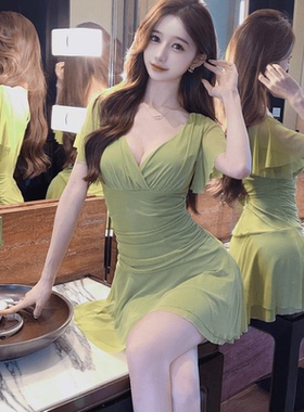 女装辣妹气质显瘦夜场工作服足浴技师短裙网纱低胸总店性感连衣裙