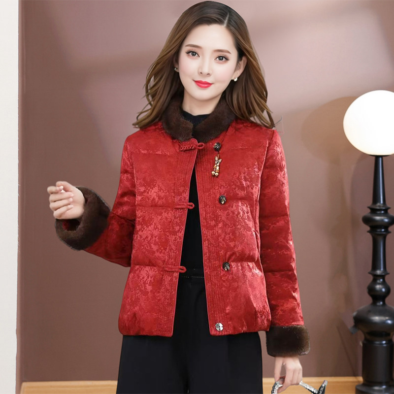 国风毛领提花轻羽绒服妈妈保暖外套毛毛袖口中式国标白鸭绒上衣,女装/女士精品,羽绒服,淘宝优惠券,粉丝福利购,淘宝优惠卷