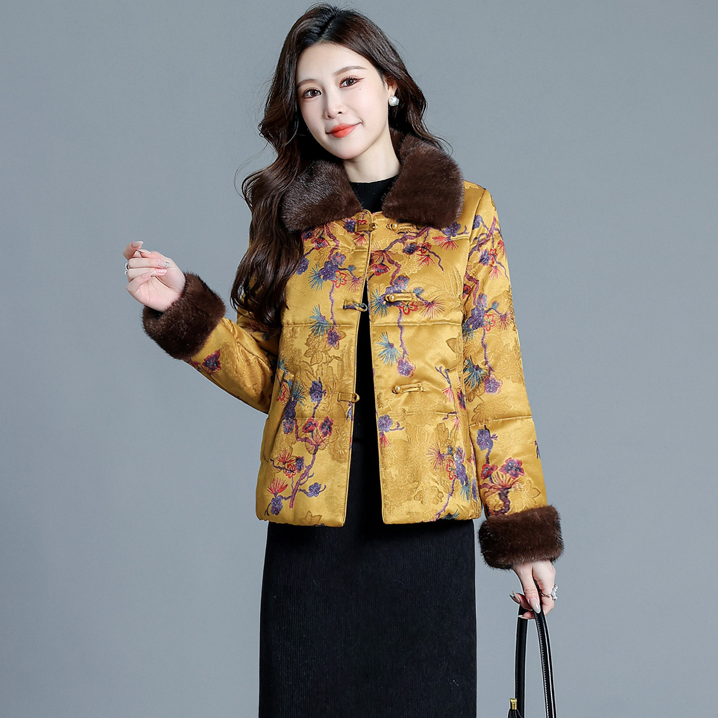 国风提花缎填充羊毛棉衣毛领毛袖口盘扣羊绒服冬季妈妈保暖外套