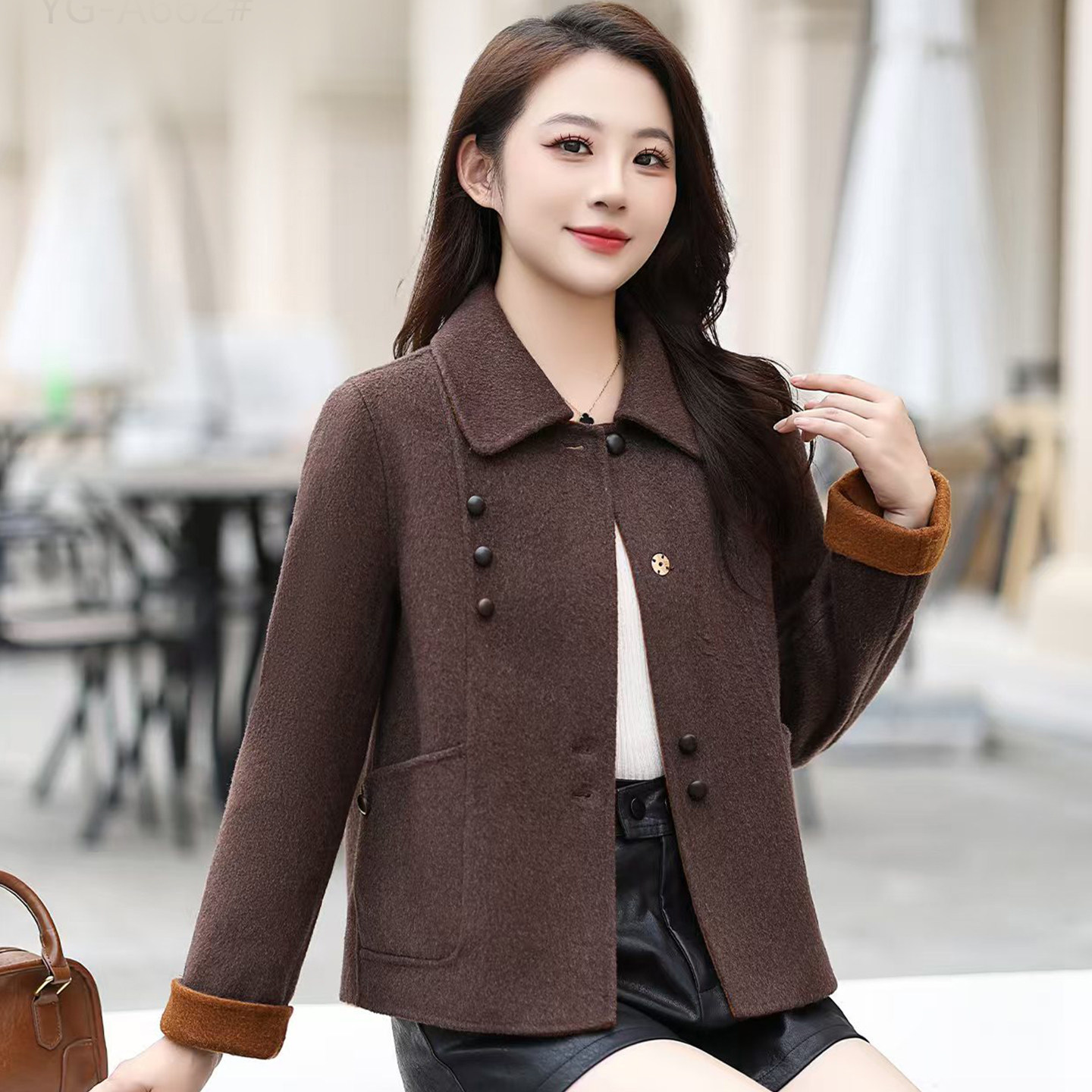 三粒扣挽袖毛呢双面呢上衣2025秋冬新款翻领短款外套宽松外衣