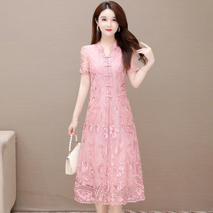 连衣裙 中长款 旗袍领精致刺绣纱裙新中式 盘扣收腰裙子春夏短袖