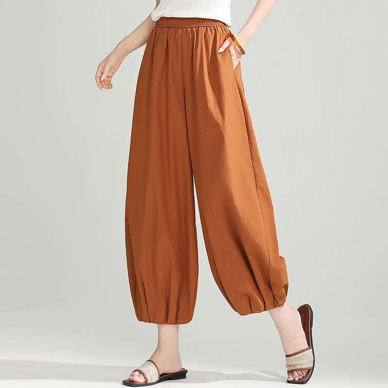 夏季棉质南瓜裤收脚花苞裤高腰松紧腰女九分裤灯笼裤气球裤子