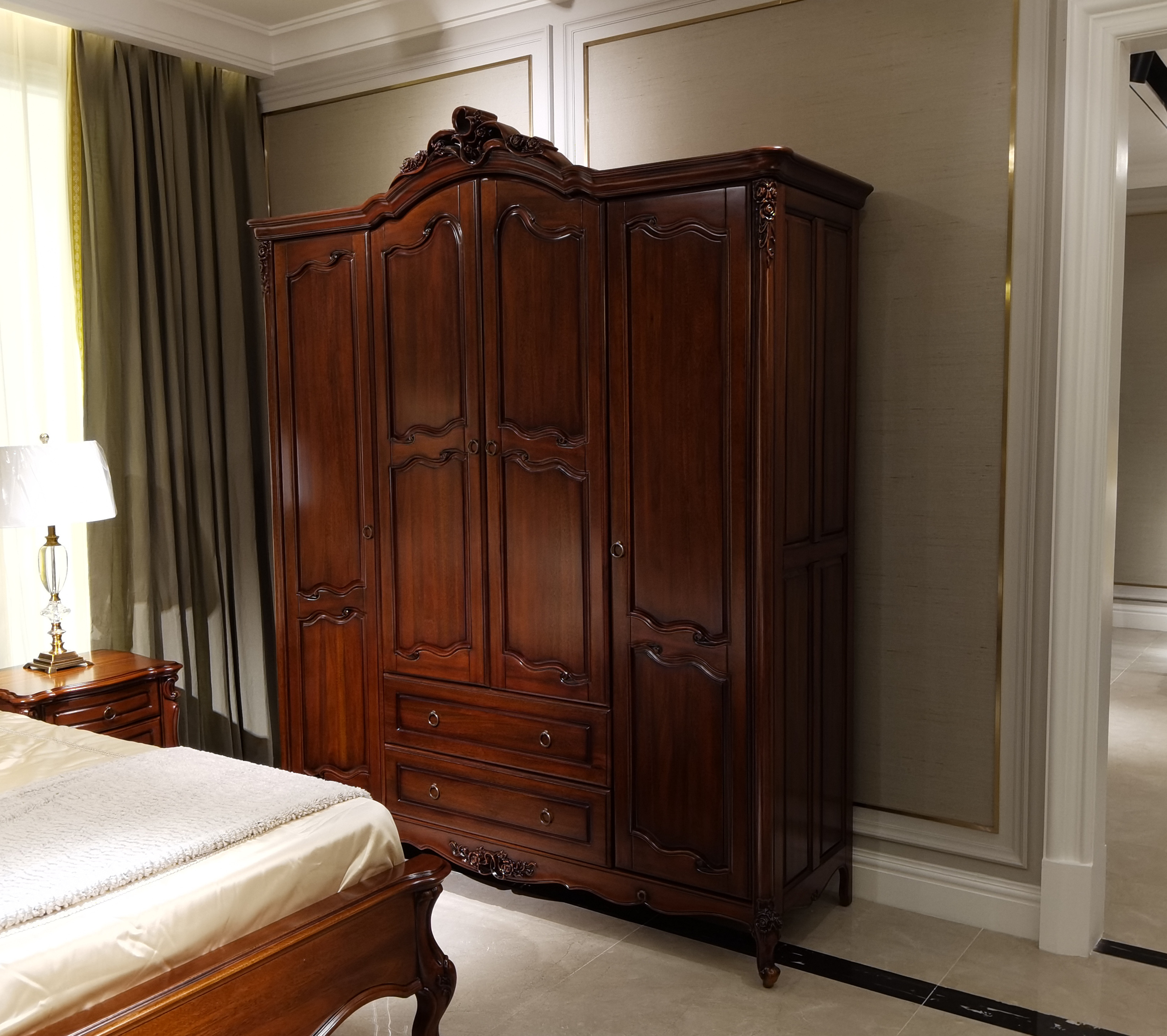 hc818美式四门衣柜欧式衣柜纯实木桃花心木新古典衣柜整体衣柜188