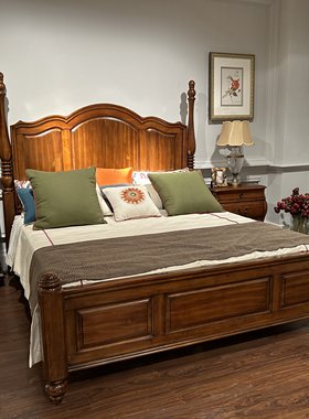 DB802美式全实木床美式古典简美1.5米1.8米主卧床胡桃色复古大床