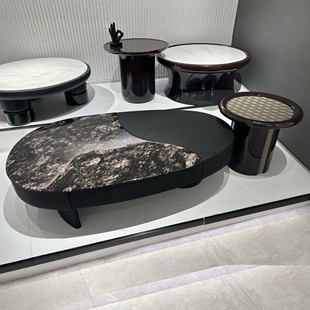 CJ598璀璨星河奢石组合茶几椭圆形方形客厅茶几黑色木纹面极简