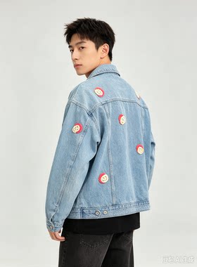 2.美式复古牛仔夹克 多位置卡通毛巾绣做旧水洗男装外套