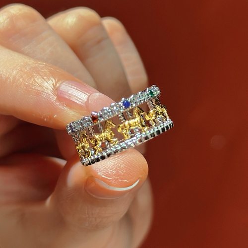 S925纯银戒指女旋转木马镂空食指戒精工镀18k金轻奢百搭小众设计