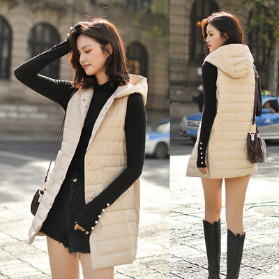 百搭中长款连帽薄款羽绒马甲女潮