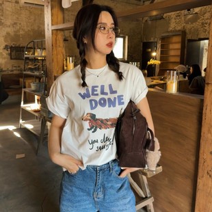 Acrab 可爱狗狗美式复古宽松短袖T恤女夏季慵懒手绘卡通印花上衣