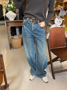 【12/08 New 】ACRAB 秋冬加绒加厚蓝色复古高腰直筒牛仔裤长裤女