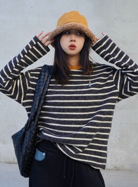 ACRAB 美式复古条纹撞色刺绣加厚长袖T恤打底衫宽松秋冬内搭上衣