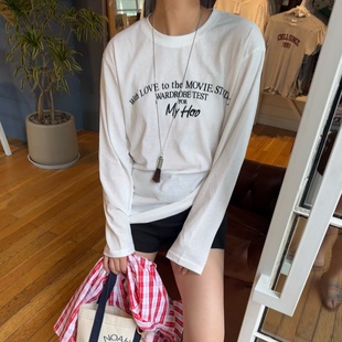 美式 ACRAB T恤 白色复古宽松慵懒长袖 纯棉打底休闲圆领上衣女 新款